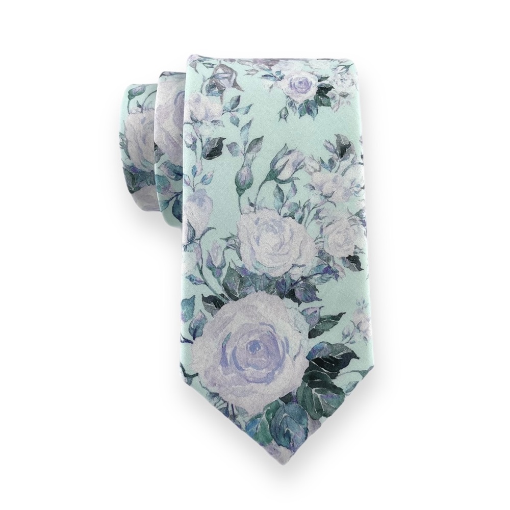 Men’s Light Aqua Floral Print Necktie, Slim 2.75” Width tie
